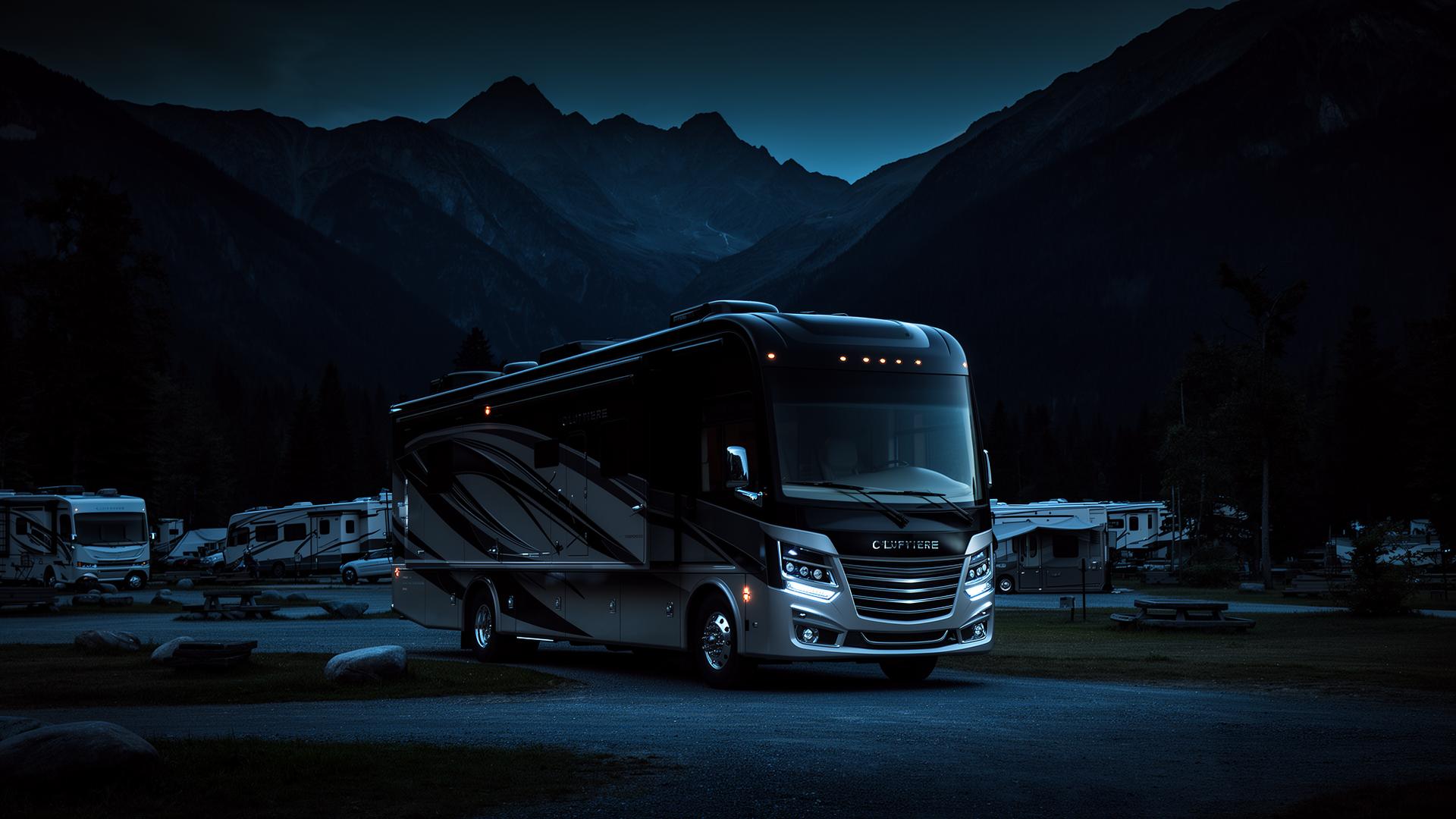 Luxury RV at a mountain campsite at dusk