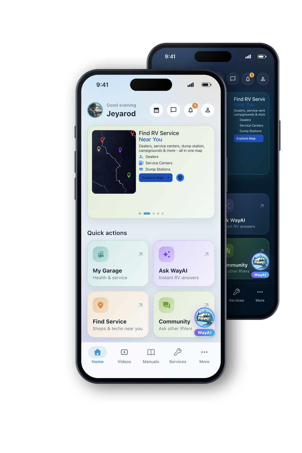 RvWay 2.0 app home screen in light and dark mode