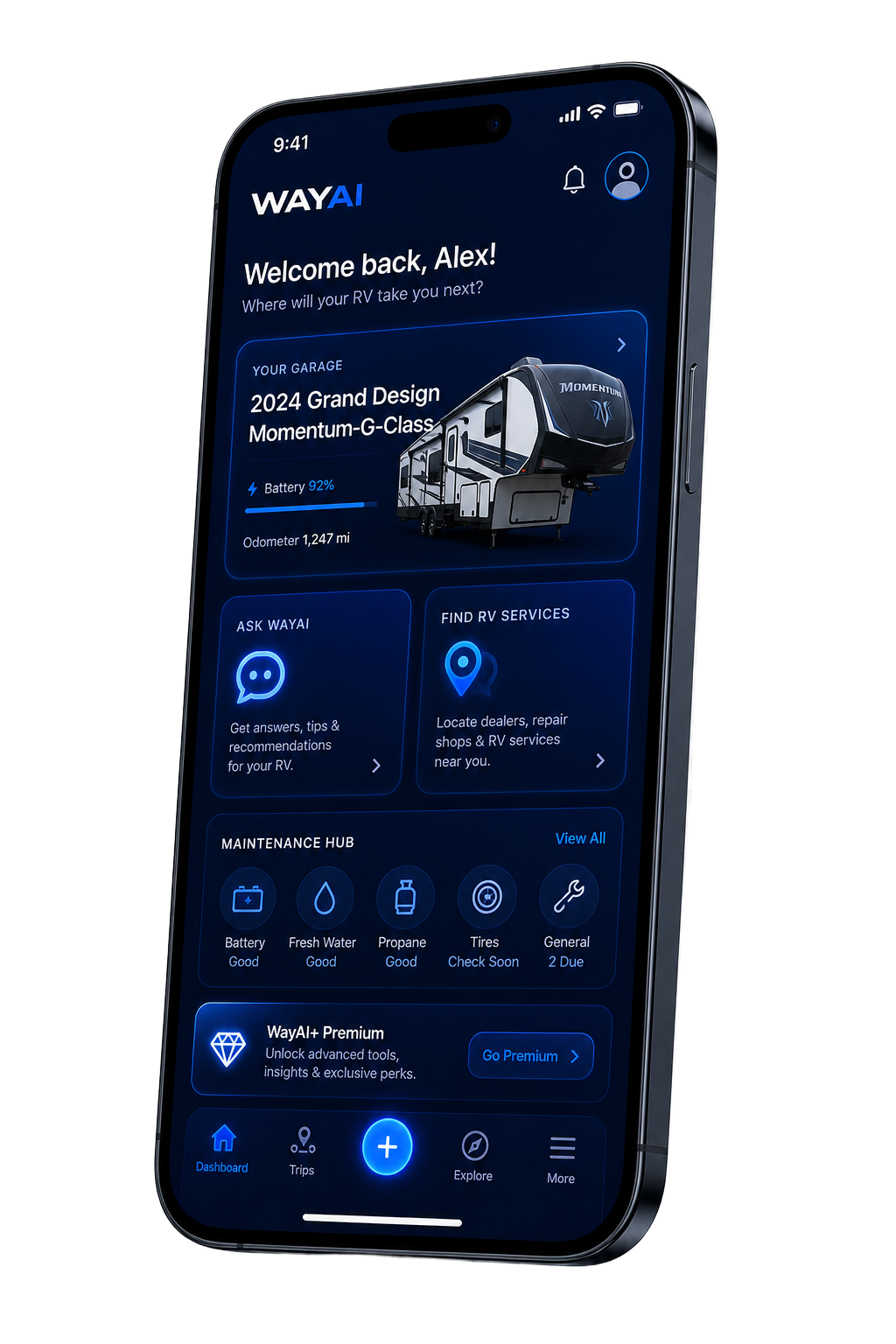 RvWay app dashboard on a phone